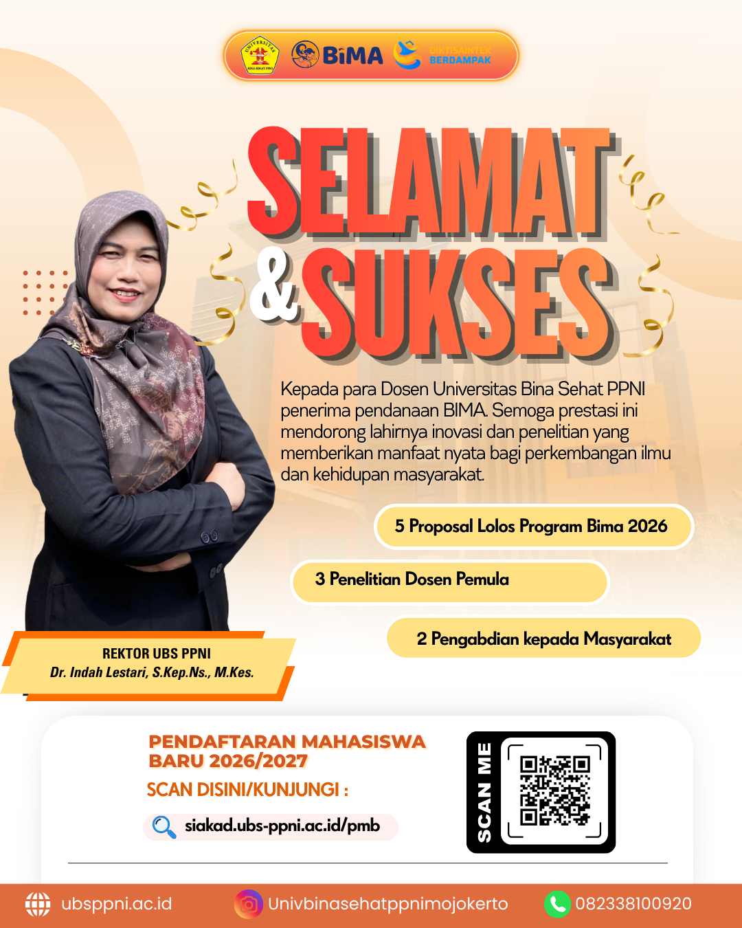 5 Proposal Lolos Program Bima 2026. 3 Penelitian Dosen Pemula, 2 Pengabdian kepada Masyarakat